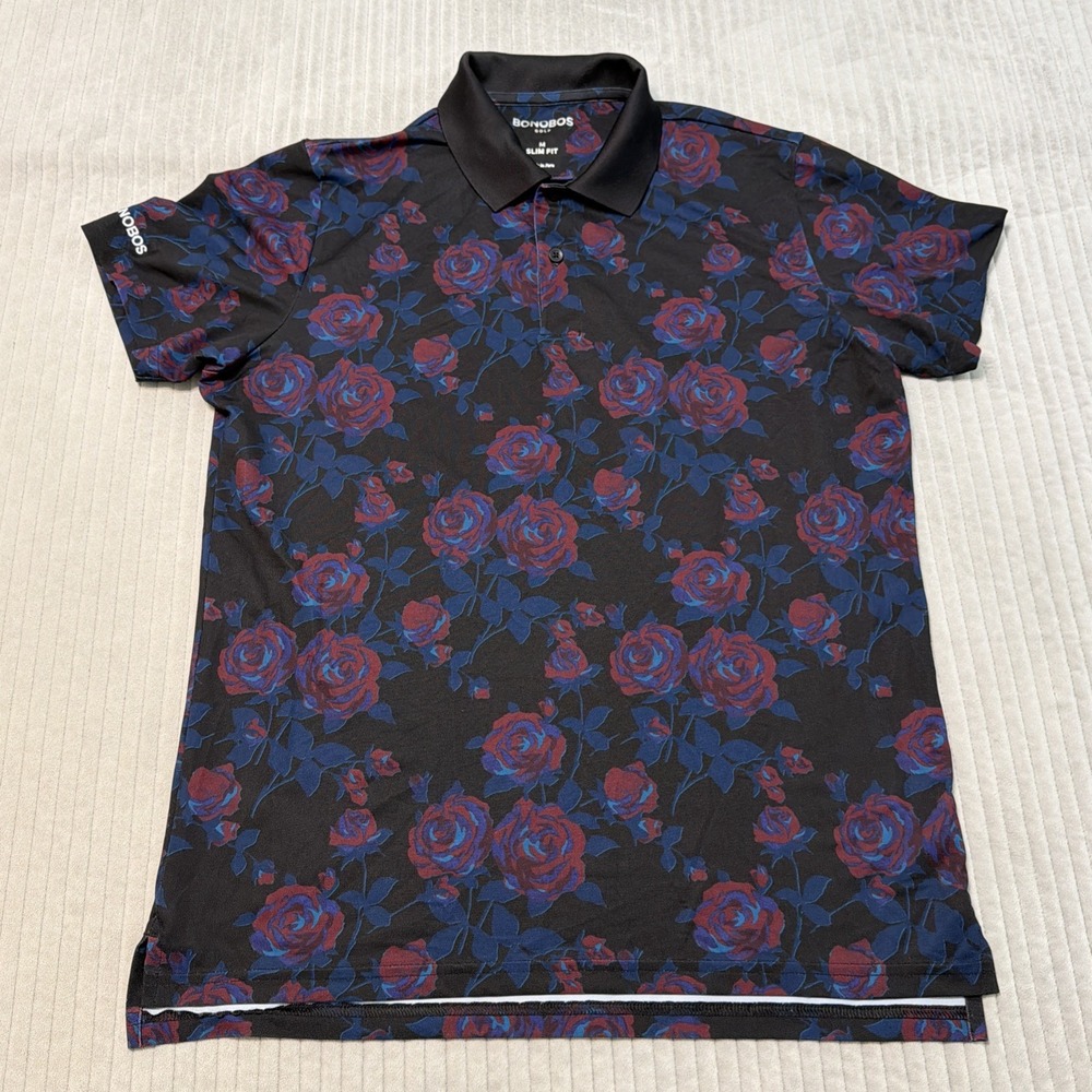 Bonobos Golf Polo Shirt Men's Medium Black Floral Roses Slim Fit